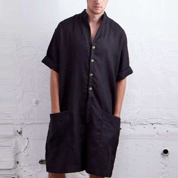 

men's pants summer loose men rompers cotton half sleeve button vintage casual solid cargo overalls jumpsuit trousers, Black