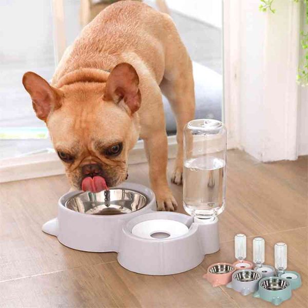 Bacia de cães antiderrapante 2 em 1 PP Aço Inoxidável Automático Dispensador de Água Alimentador Pet Dog Gato Beber Bonito Recipiente de Alimentos Pet Hot Y200922