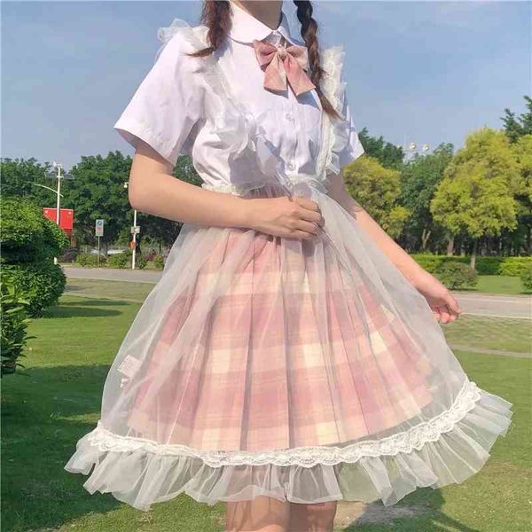 

summer women sweet bow plaid pink skirts+white blouse set for girl japanese harajuku fairy mesh tulle suspender skirt 210517