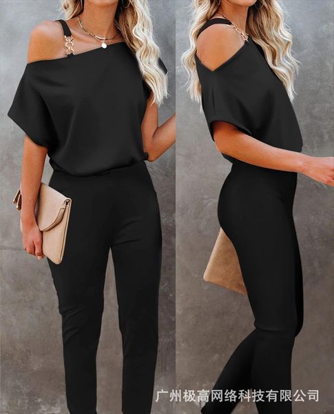 

european and american oblique shoulder womenpant decorative belt jumpsuit, White