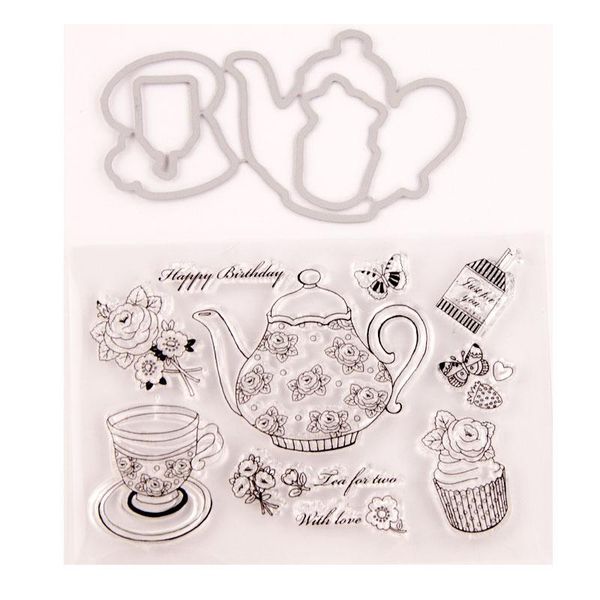 

painting supplies teapot teacup cake flower transparent clear stamp and cutting dies birthday diy scrapbooking /card making/po decorat