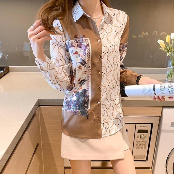 

women's blouses & shirts vintage turn-down collar women fashion cartoon bird chain print blouse 2021 spring summer female workwear, White