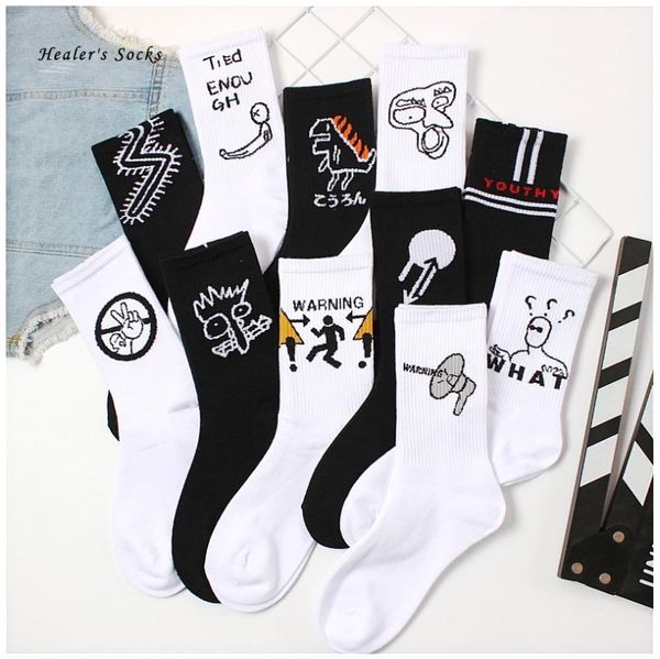 

fashion graffiti anime men women socks cotton ins harajuku white black sport happy soft funny trend streetwear girls sockings, White;pink