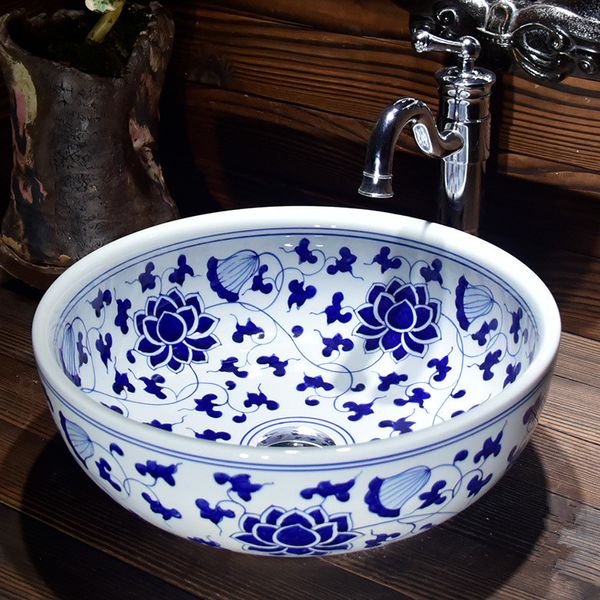 Azul e branco redondo balcão de casa de banho top lavagem Basin bengala mão pintada embarcação pia banheiro pia arte cerâmica lavatório bacia