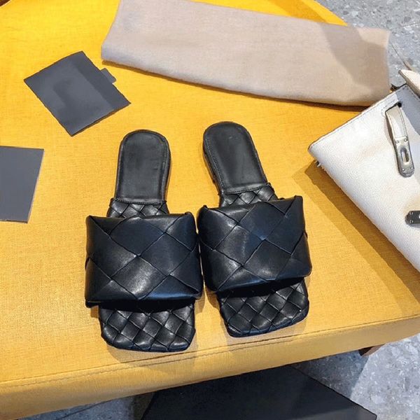 

70% off wholesale flip-flops fashion luxury square toe weave flats shoes women slippers leather designer ladies street beach sandals slides, Black