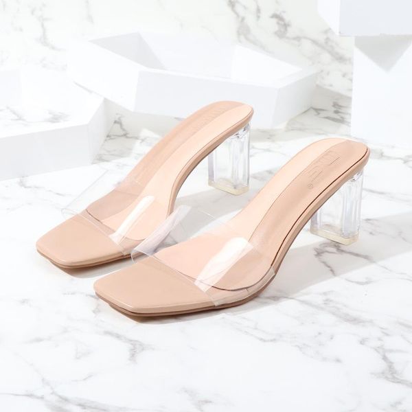 

slippers med glitter slides square heel mules for women 2021 transparent female shoes rubber flip flops fashion jelly block, Black