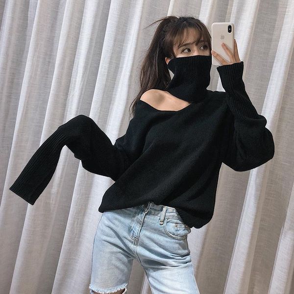 

women's sweaters solid color high collar strapless long sleeve knit sweater loose plus woman casual fashion 2021 autumn winter s123, White;black