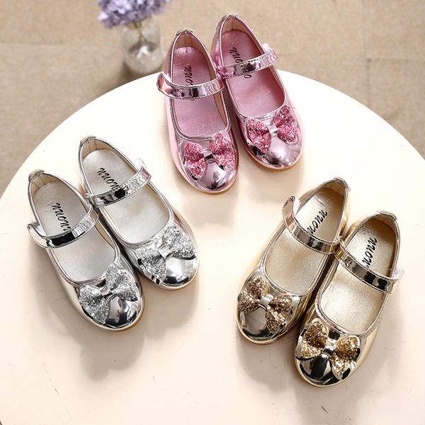

girls party shoes gold silver princess pu leather big for kids children fashion bow fairy lady sandals 1-12 flat, Black;grey