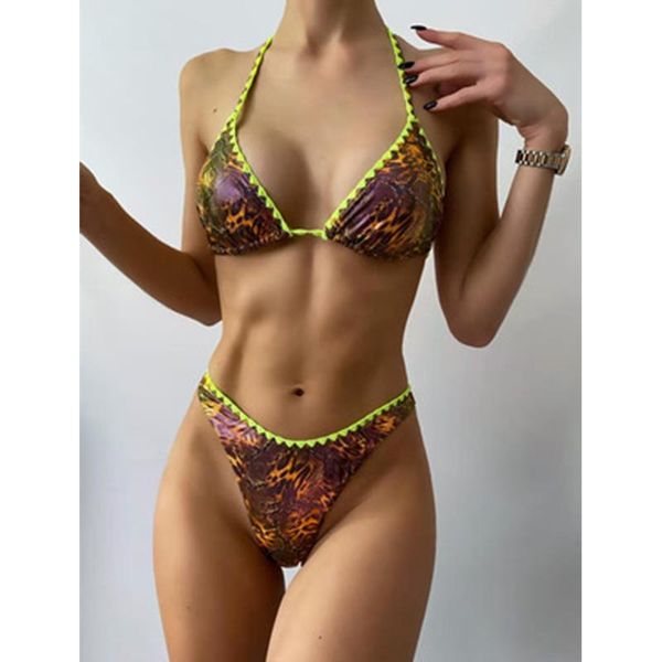 

women's swimwear leopard print bandage brazilian bikini set halter thong tie two sides bottom triangle swimsuits, White;black