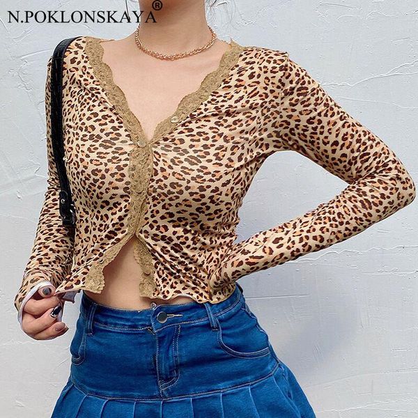 

women's blouses & shirts short leopard full sleeve women v neck lace autumn blouse buttons shirt vintage 2021 crop top, White