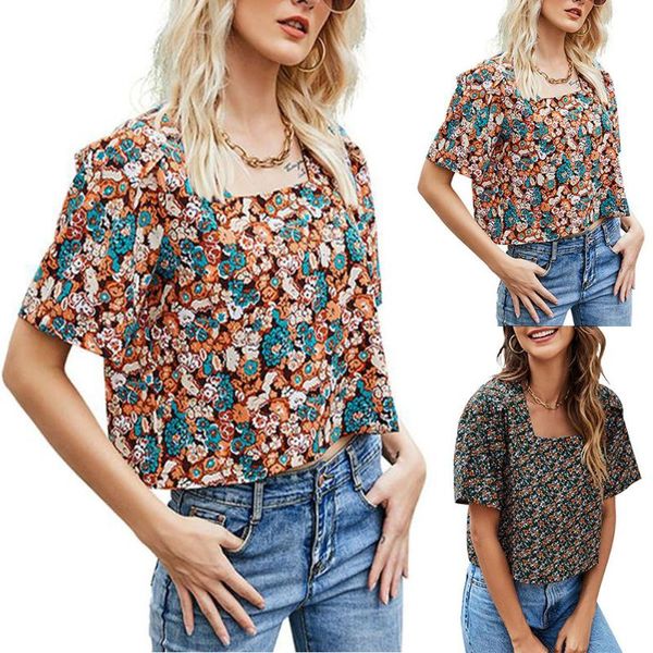 

women's t-shirt woman ladies summer fashion vintage printed loose and simple casual beach holiday women square collar, White