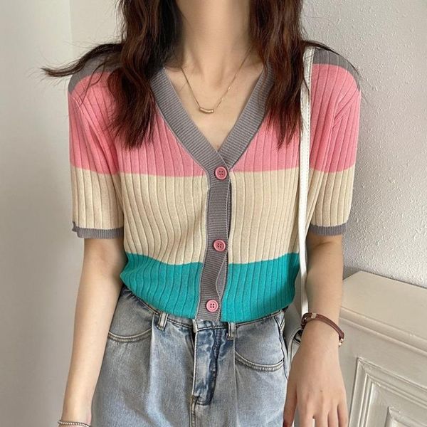 

women's knits & tees hzirip 2021 retro chic patchwork knitted v-neck cardigans vintage women girls summer knitwear sweet streetwear sw, White