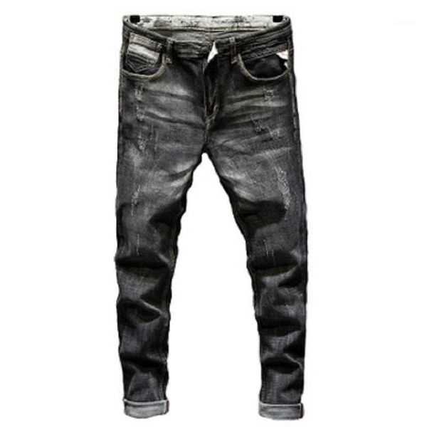 

men's jeans motorbike style distressed fashionable streetwear biker jean for men ripped slim gray stretch denim pants, Blue