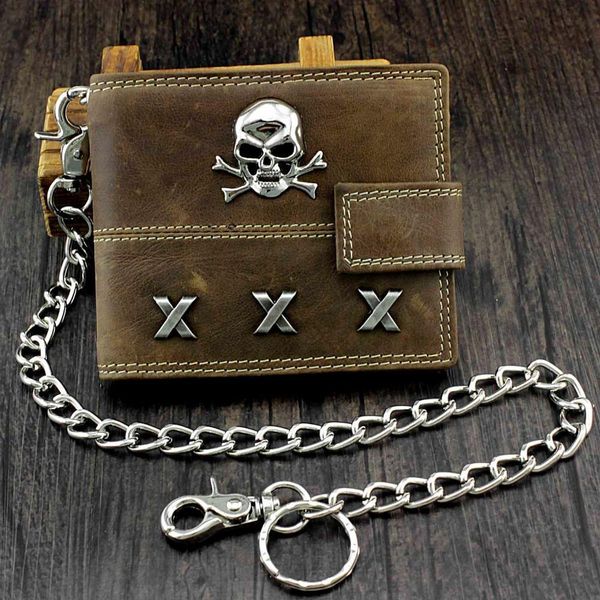 

skull biker span leather wallet with coins purse and safe chain, Red;black