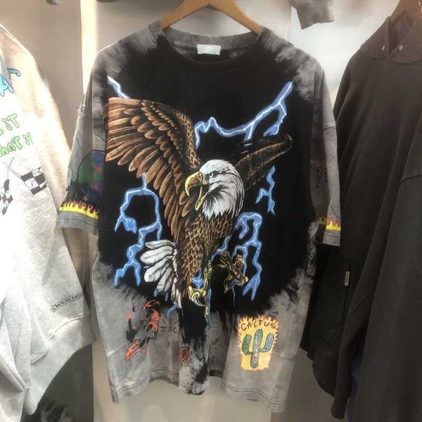 

travis scott eagle tie dyed hip hop cotton t-shirt 2022 early spring new fashion men's loose tee, White;black