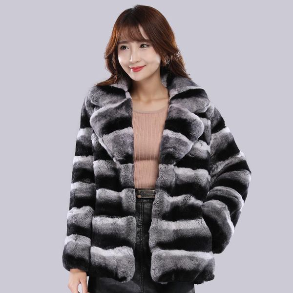 

women's fur & faux natural chinchilla rex coat jacket short overcoat turn down collar striped outerwear coats winter clothing, Black