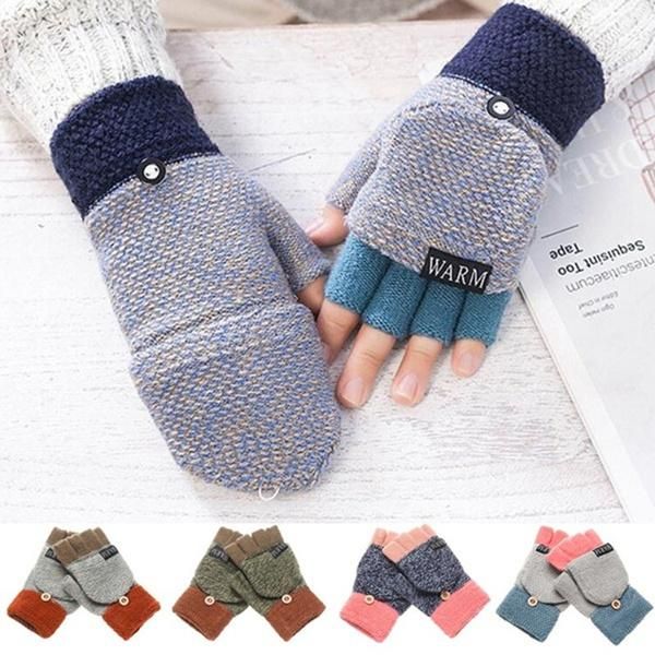 

five fingers gloves women winter warm thickening wool knitted flip fingerless finger thick without mittens glove for student, Blue;gray