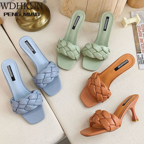

sandals weave designer women slipper ladies thin high heel sandal 2021 summer slip-on open toe brown outdoor slides flip flop shoe, Black