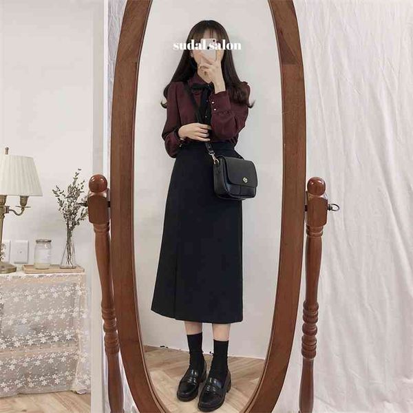 

chiffon spring solid vintage shirt female oversize women long sleeve girls blouse plus size autumn blouses femme 210423, Black