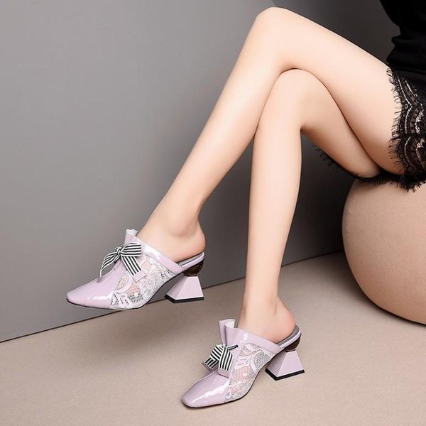 

dress shoes stripe strange style pumps women mesh high heels genuine leather lace female square toe mules woman summer, Black