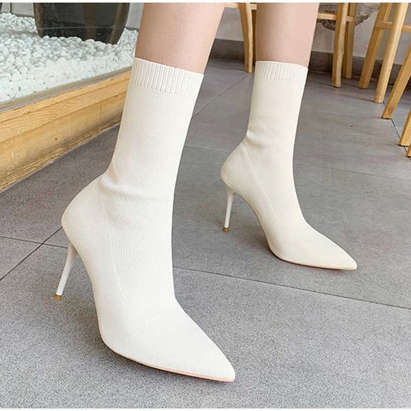 Botas das Mulheres Outono Inverno Estiramento Tecido Sock Mid-bezerro Botas Sexy Senhoras Fino Salto Alto Saltos Sapatos Pontos de Tee Pointed Feminino Bombas 210911