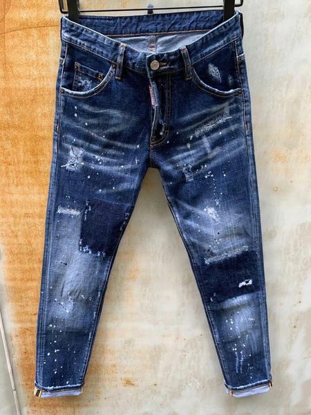 

men's fashion ripped patch slim fit point paint stretch stiletto jeans 9116, Blue