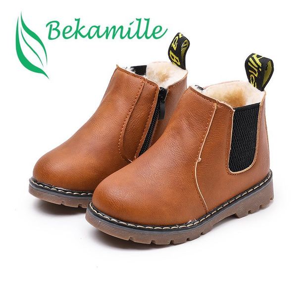 

bekamille winter children boots boys girls retro solid color kids zipper pu leather rubber bottom short, Black;grey