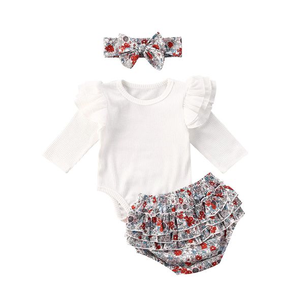 

0-24m newborn infant baby girls boys clothes sets flowers print white long sleeve romper +shorts headband