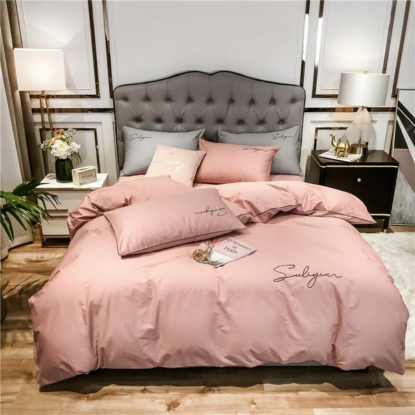 

bedding sets 2021 four-piece simple cotton double household bed sheet quilt cover embroidered twill comfortable bean pink