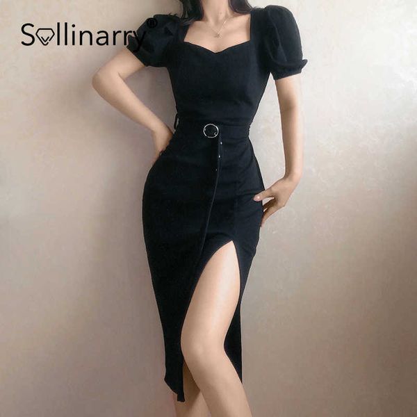 Sollinarry Schwarz Sexy Partykleid Frauen Vintage Kurze Puffärmel Midi Sommerkleid Eleganter Gürtel High Split Slim Kleider Damen 210709