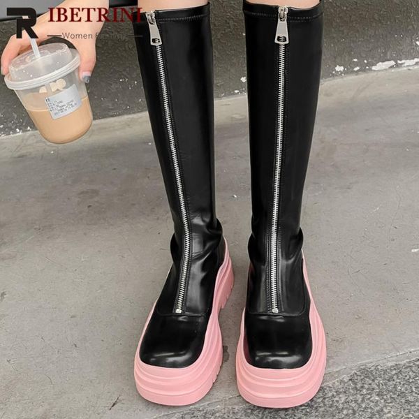 

boots female for women autumn zipper design fashion knee high 2021 round toe brand comfy soft sole women's shoes, Black