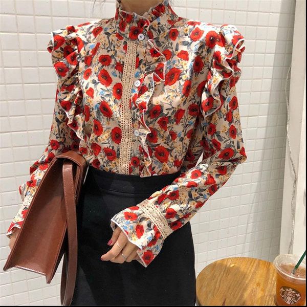 

pleated florals womens shirt stand feminine hollow out chic all match sweet flare sleeves women loose office lady blouses, White