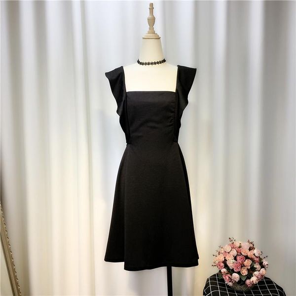 

vintage small black dresses for mujer 2021 summer all-match slim waist square collar hollow out elegant women strap dress casual, Black;gray