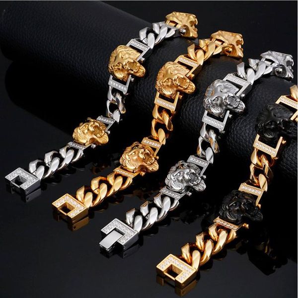 

link, chain punk men stainless steel gold cz crystal lion charm bracelets gothic silver black zircon biker curb cuban bracelet jewelry