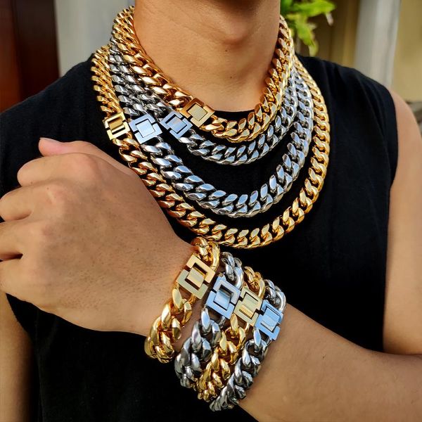 

chains men's miami bracelet stainless steel gold domineering and generous trend, Silver
