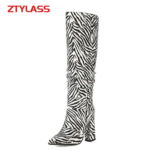 

boots women zebra print knee high fashion slip on pleated long ladies square heel pointed toe autumn winter shoes, Black