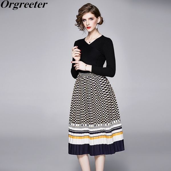 

fashion woman spring 2pc suit black v-neck knit printed pleated skirt sets elegant ol casual for female 210525, White