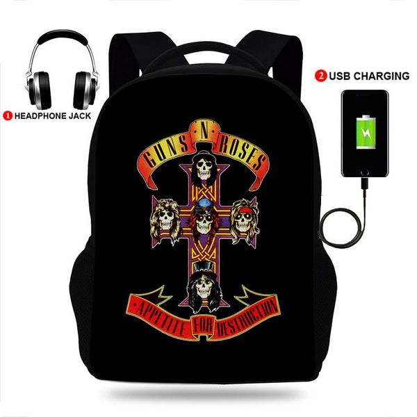 

backpack usb charging school bag lapgun n roses printed schoolbag for teenager boys girls knapsack