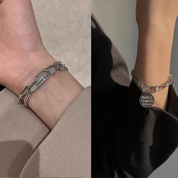 

link, chain double layer titanium steel does not fade bracelet for women hip hop letter pendant fashion jewelry couple, Black