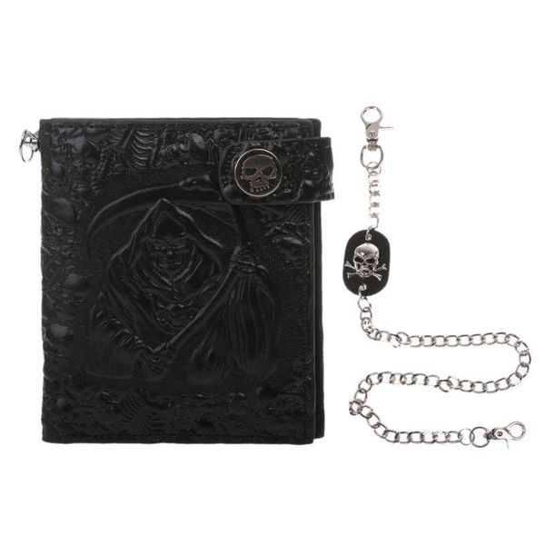 

wallets vintage skull leather wallet with anti theft chain men bifold id holder lx9f, Red;black