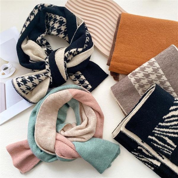 

scarves houndstooth cashmere scarf autumn winter soft warm neckerchief vintage fashion stitching double sided knitting, Blue;gray