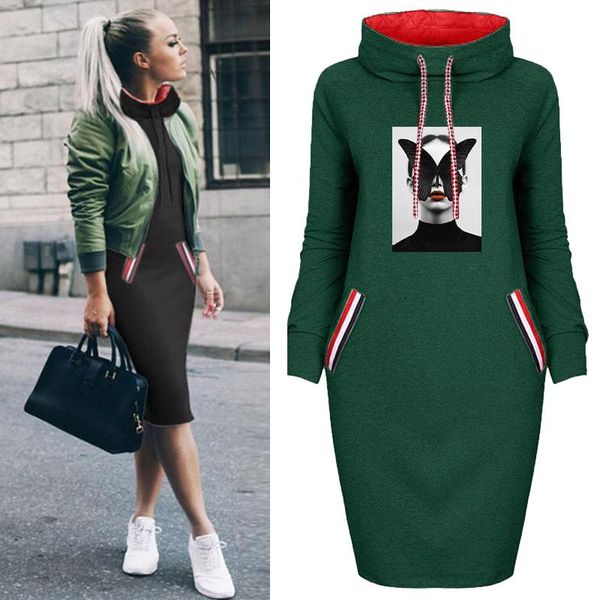 

plus size women long sleeve dresses ladies retro girl print collar turtleneck casual bodycon midi dress elegant vestidos robe, Black;gray