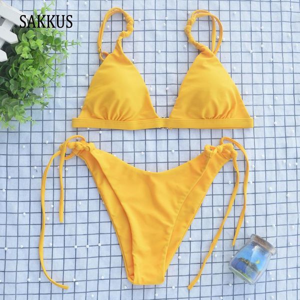 

women's swimwear sakkus 2021 women high cut bikini set solid strap swimsuit padded bathing suit brazilian female biquni, White;black