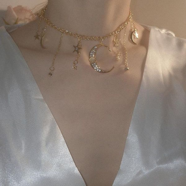 

exknl shiny crystal stars moon bead necklace women's vintage layered chain tassel collarbone fashion jewelry party gift chokers, Golden;silver