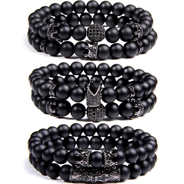 

beaded, strands bracelet men's frosted stone beads accessories crown erkek bileklik set jewelry women's bracelets pulseras mujer, Black