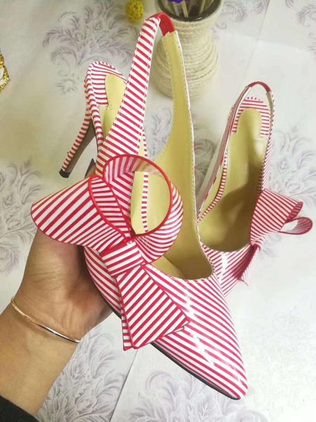 

summer striped high heel pumps women sling back gladiator sandals pointed toe bowtie shoes woman plus size 35-43 dress, Black