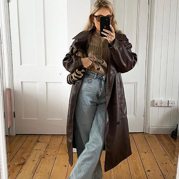 

women's leather & faux autumn and winter brown pu long windbreaker lapel stitching pocket solid color jacket women, Black