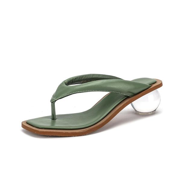 

slippers classic round high heels women flip flop 2021 summer fashion concise cow leather slip on shallow shoes, Black