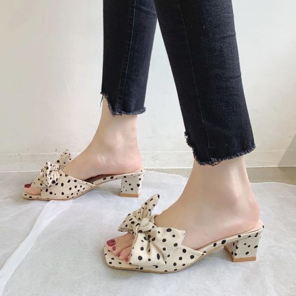

slippers sagace shoes woman fashion cloth square heel slipper sandals dot bow open toe beach casual women summer 2021apr14, Black