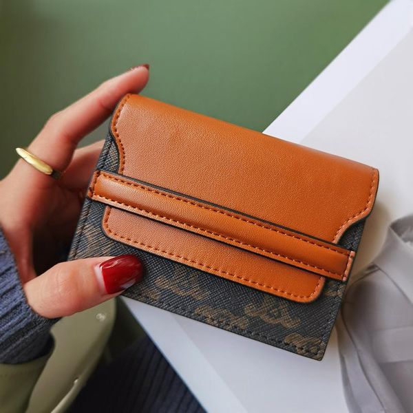 

card holders cowhide bag female high-grade retro mini printed pvc multi-card organ real pickup clip tide, Brown;gray